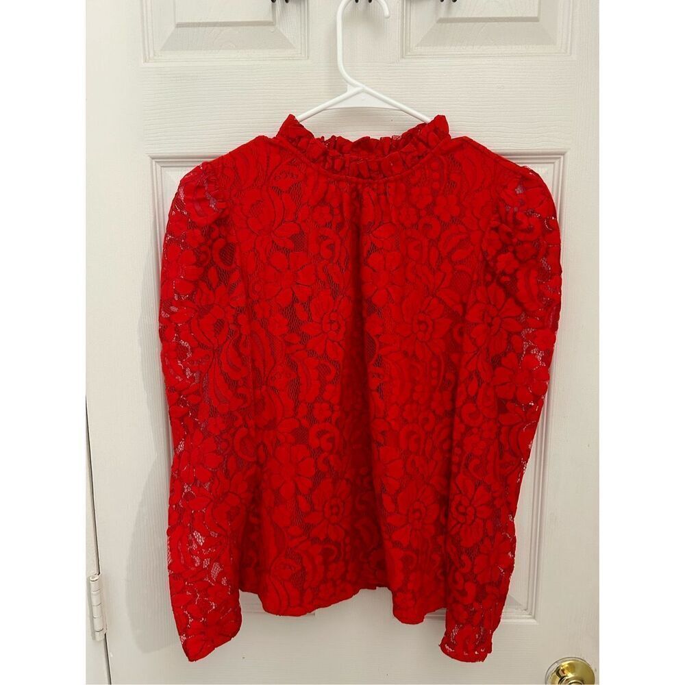 Rachel Parcell Women's Red Lace Ruffle Lined Long Puff Sleeve Blouse Size